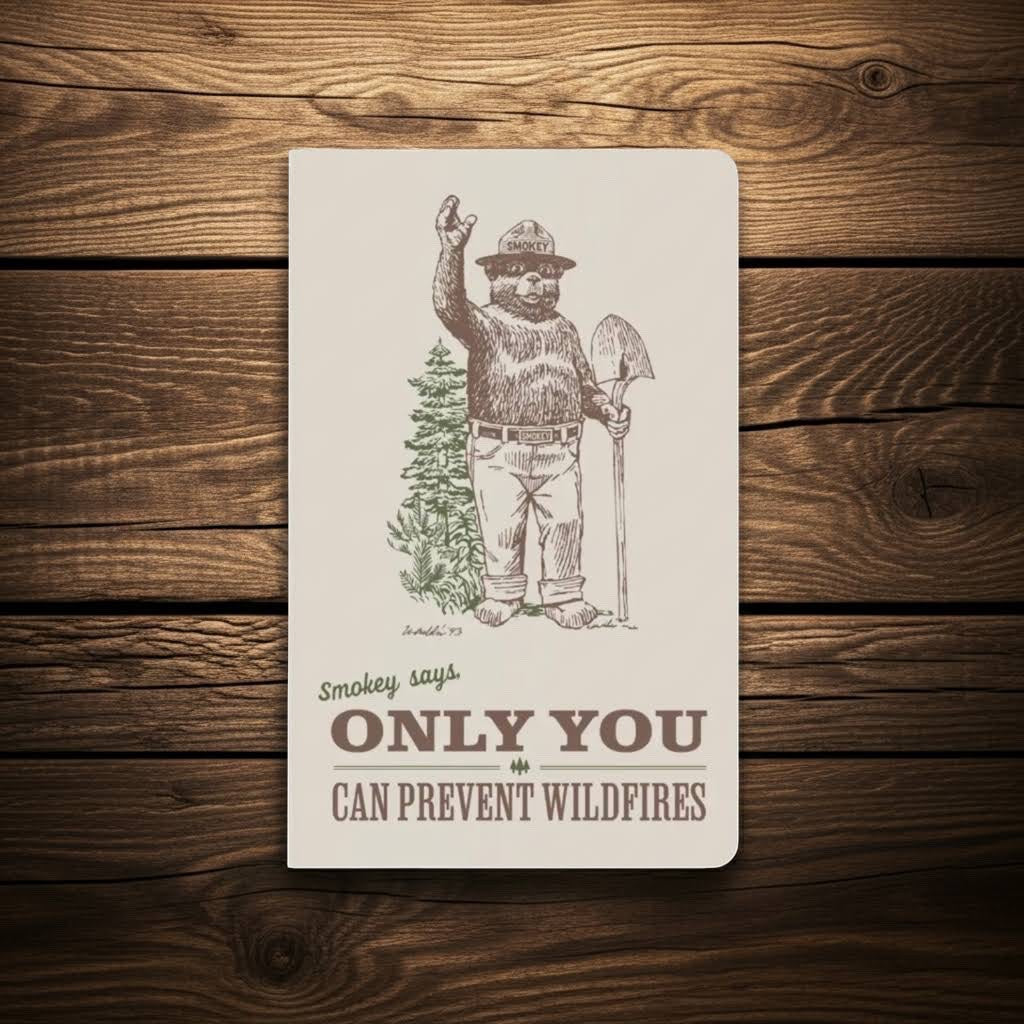 Forager Provisions LTD Smokey Bear letterpress notebook with a vintage illustration on a recycled paper cover.