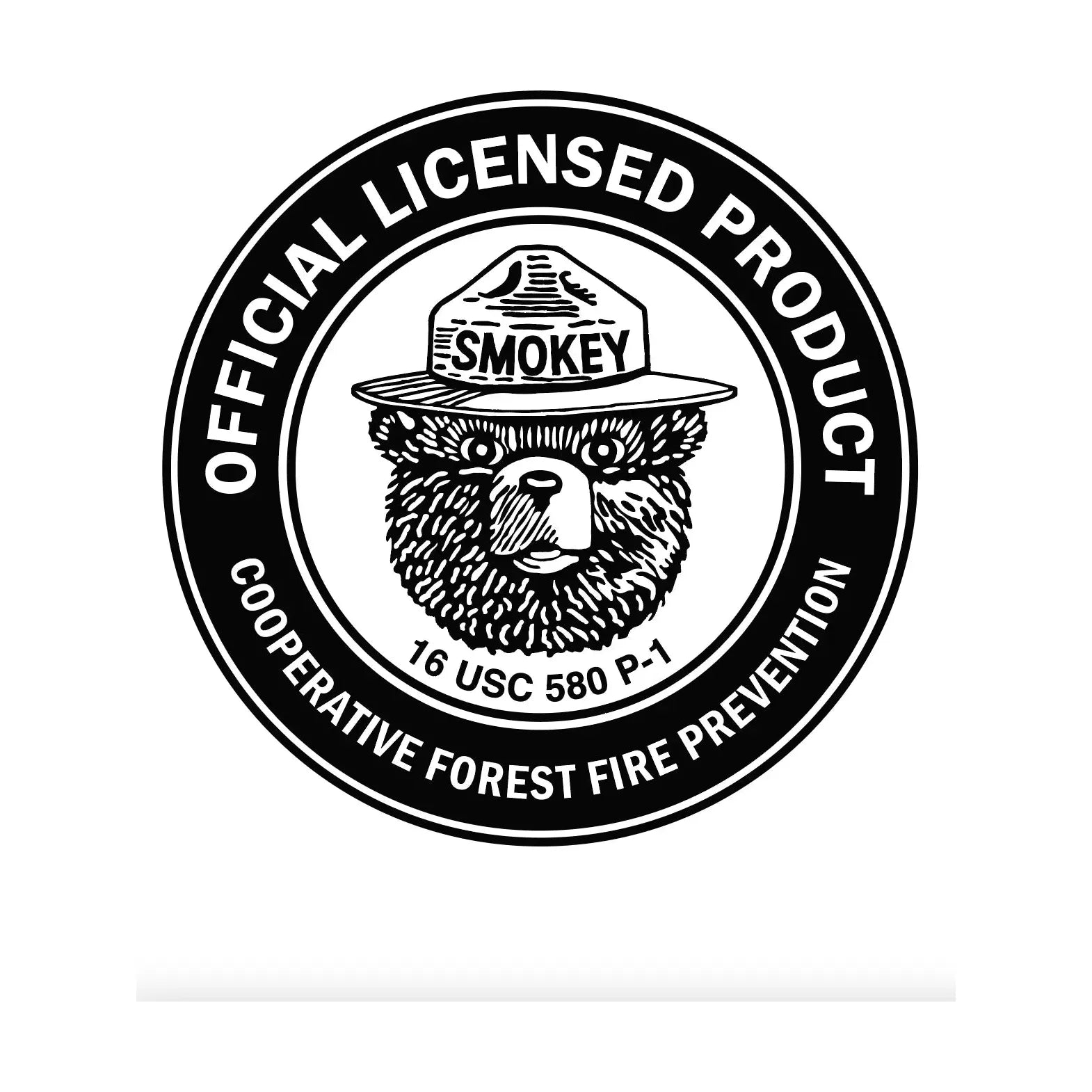 Product Description: The Landmark Project Smokey Bear Patch - Smokey Hat features a black and white logo depicting Smokey Bear wearing a ranger hat, accompanied by the text "Official Licensed Product, Cooperative Forest Fire Prevention." Ideal for outdoor adventures, this iron-on patch can be easily applied to your gear and comes in sustainable packaging.