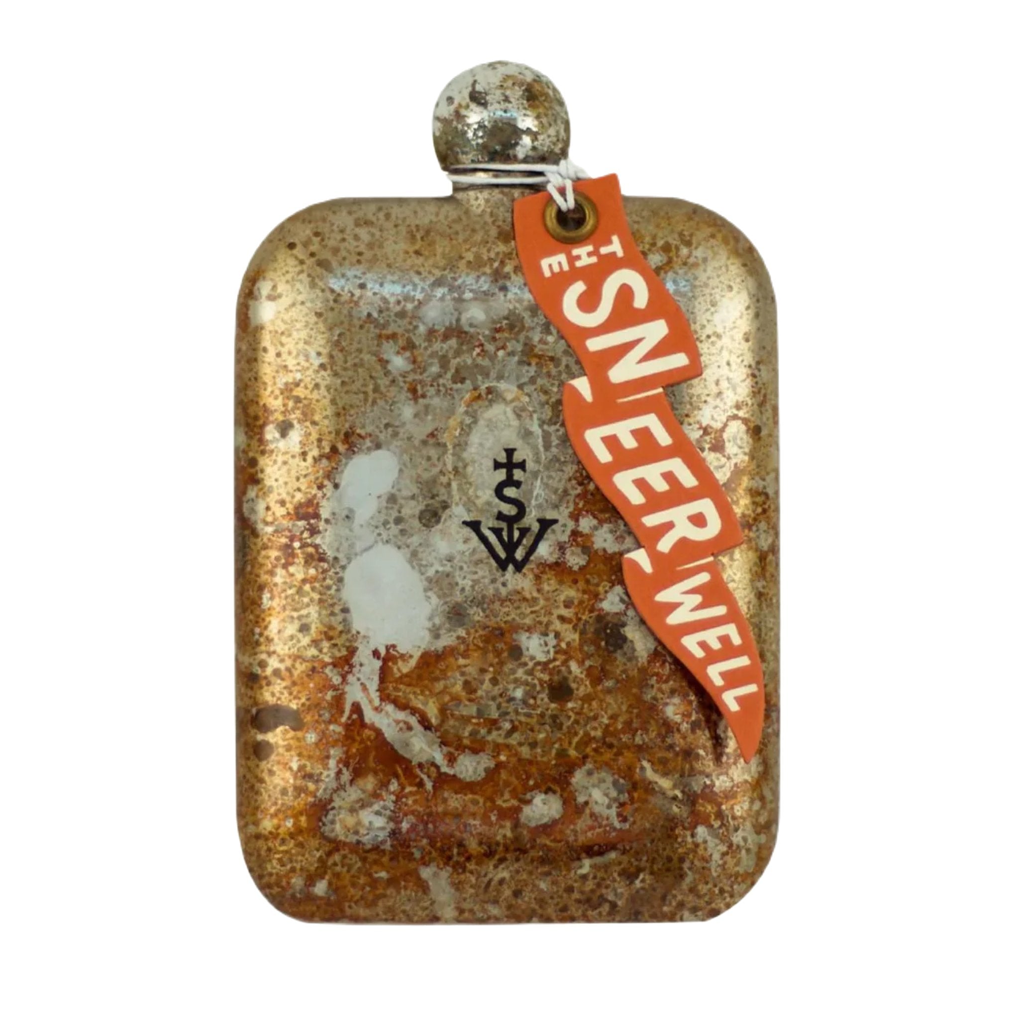 The Sneerwell Whiskey Flasks Mister Fix It is a rustic rectangular flask with a round cap. An orange tag reads "THE SNEER WELL," and the flask features a black symbol in the center. Made of stainless steel, it makes for an ideal Father's Day gift, presented in a sleek magnet clasp box.