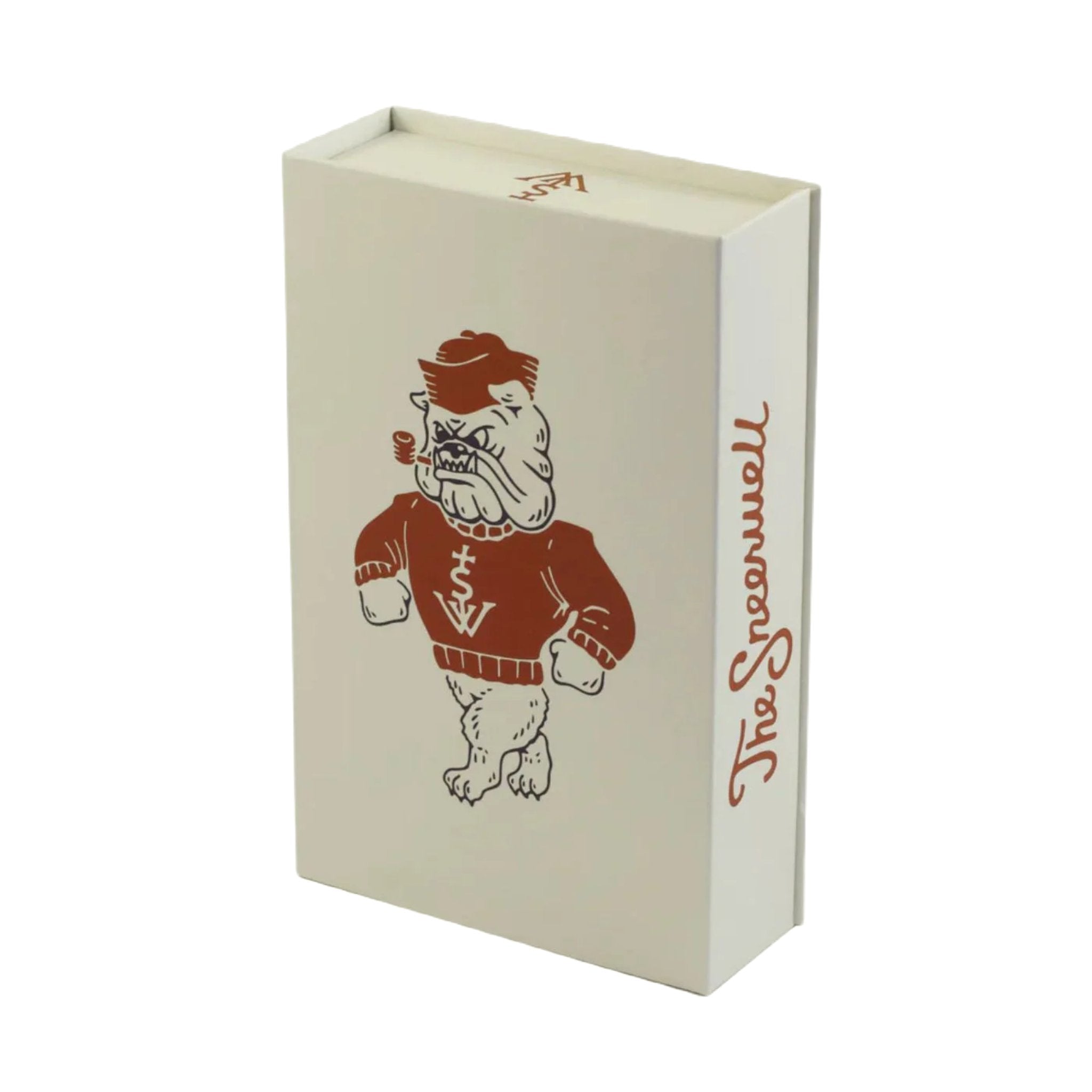 A white magnet clasp box featuring an illustration of a bulldog in a sweater and hat, adorned with the text "Sneerwell Whiskey Flasks Mister Fix It" on the side—perfect for a unique Father's Day gift.