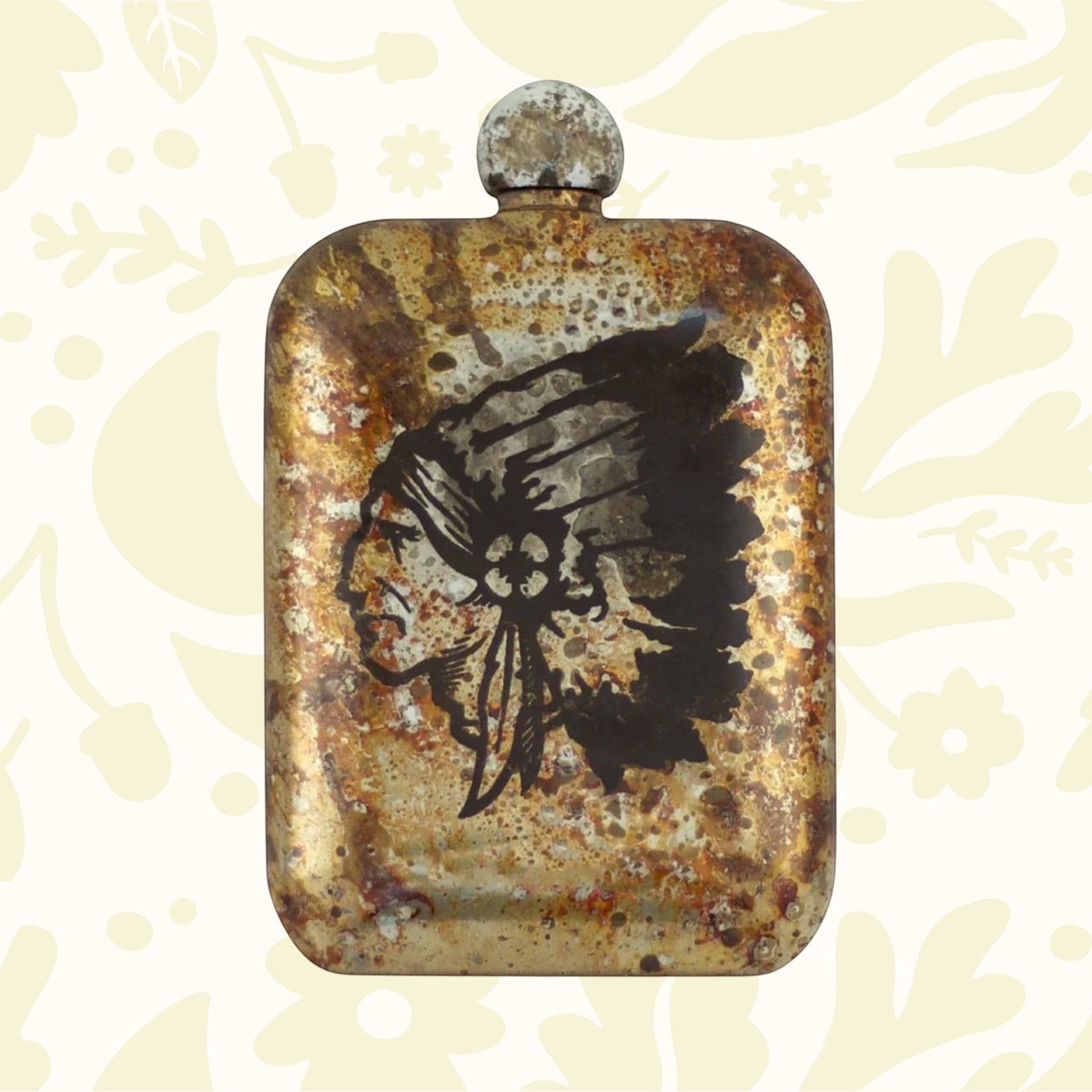 The Sneerwell Whiskey Flasks Chieftain features a rusty metal design with an engraved profile of a Native American chief head adorned with a feathered headdress, making it an ideal Father's Day gift that celebrates Native American culture.