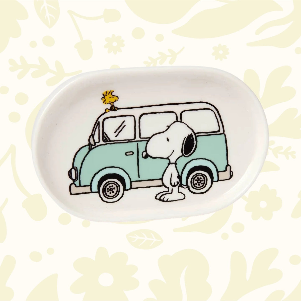 Forager Provisions LTD Magpie Peanuts oval porcelain trinket dish featuring Snoopy and Woodstock with a camper van