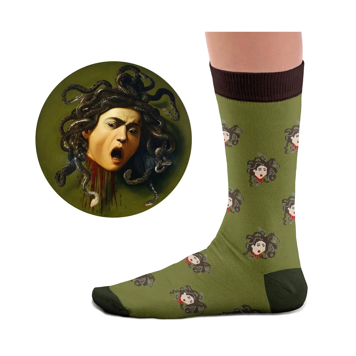 Sock Affairs Medusa Head Socks—green, eco-friendly cotton, Caravaggio art, Greek mythology—unique designer sustainable socks.