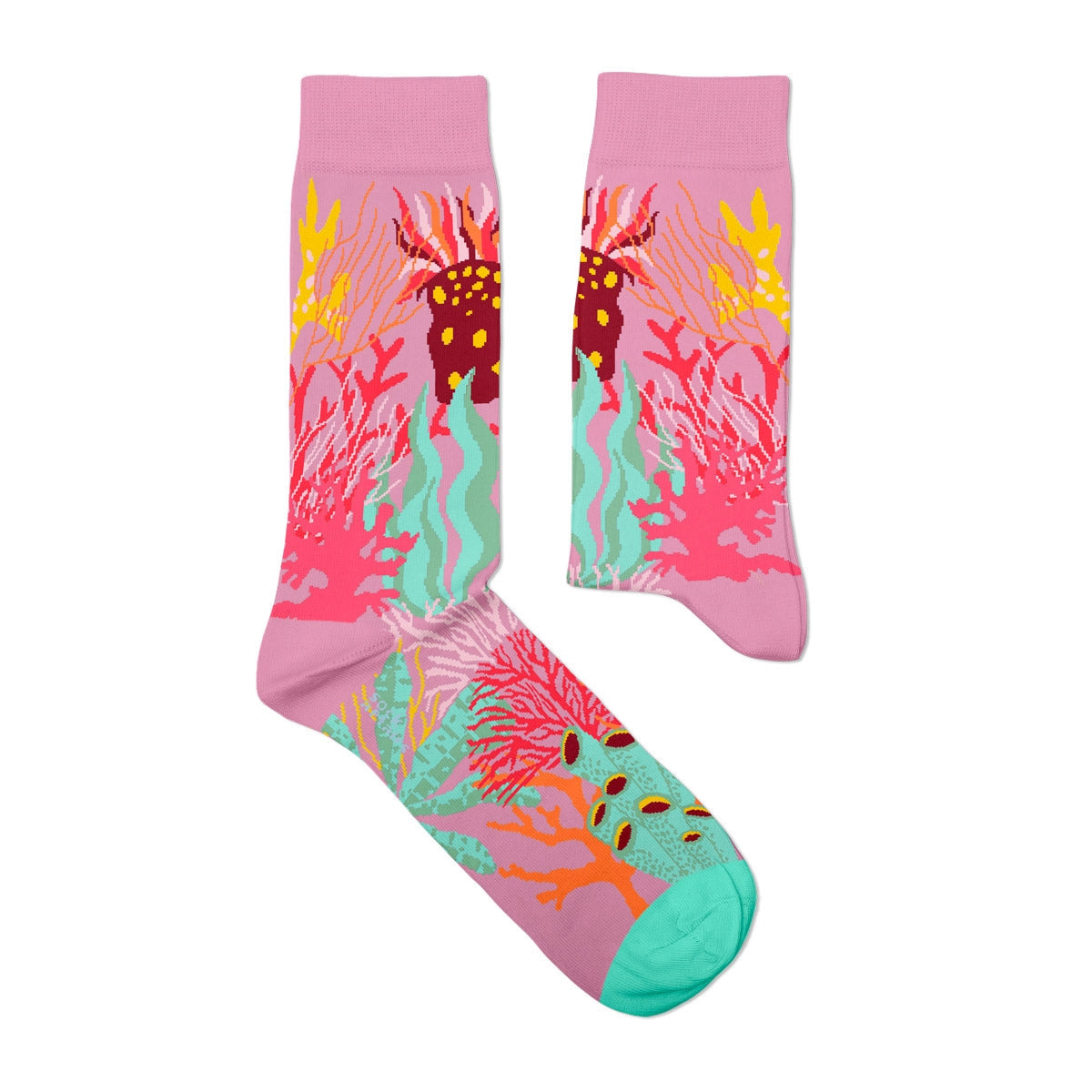 Sock Affairs Coral Ocean Pink Socks with vivid coral reef design and colorful sea creatures. Fun ocean-themed socks for men & women.