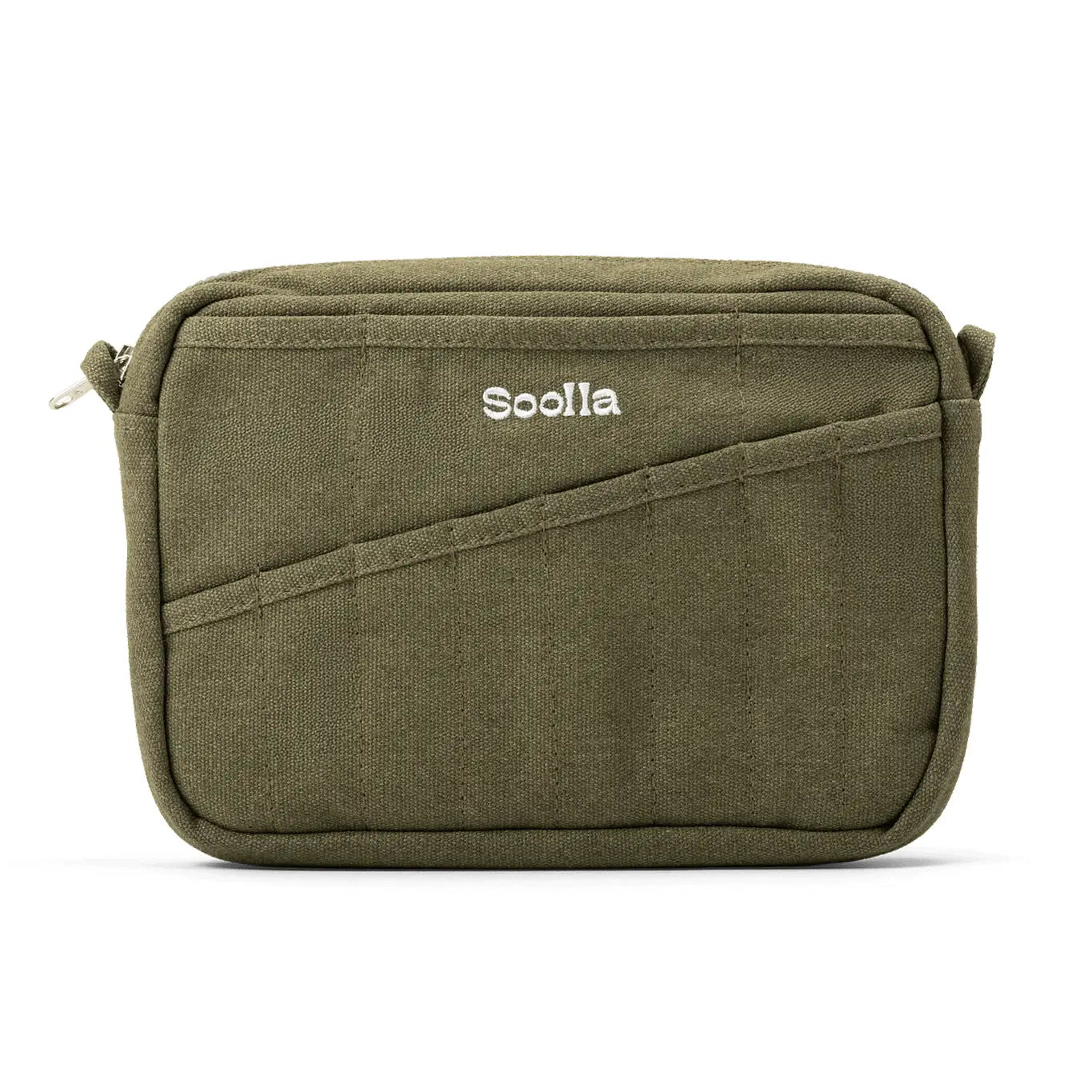 Soolla® Studio Artist Stationery Pouch in Deep Forest, olive green with zipper, diagonal stitching, Soolla logo embroidery.