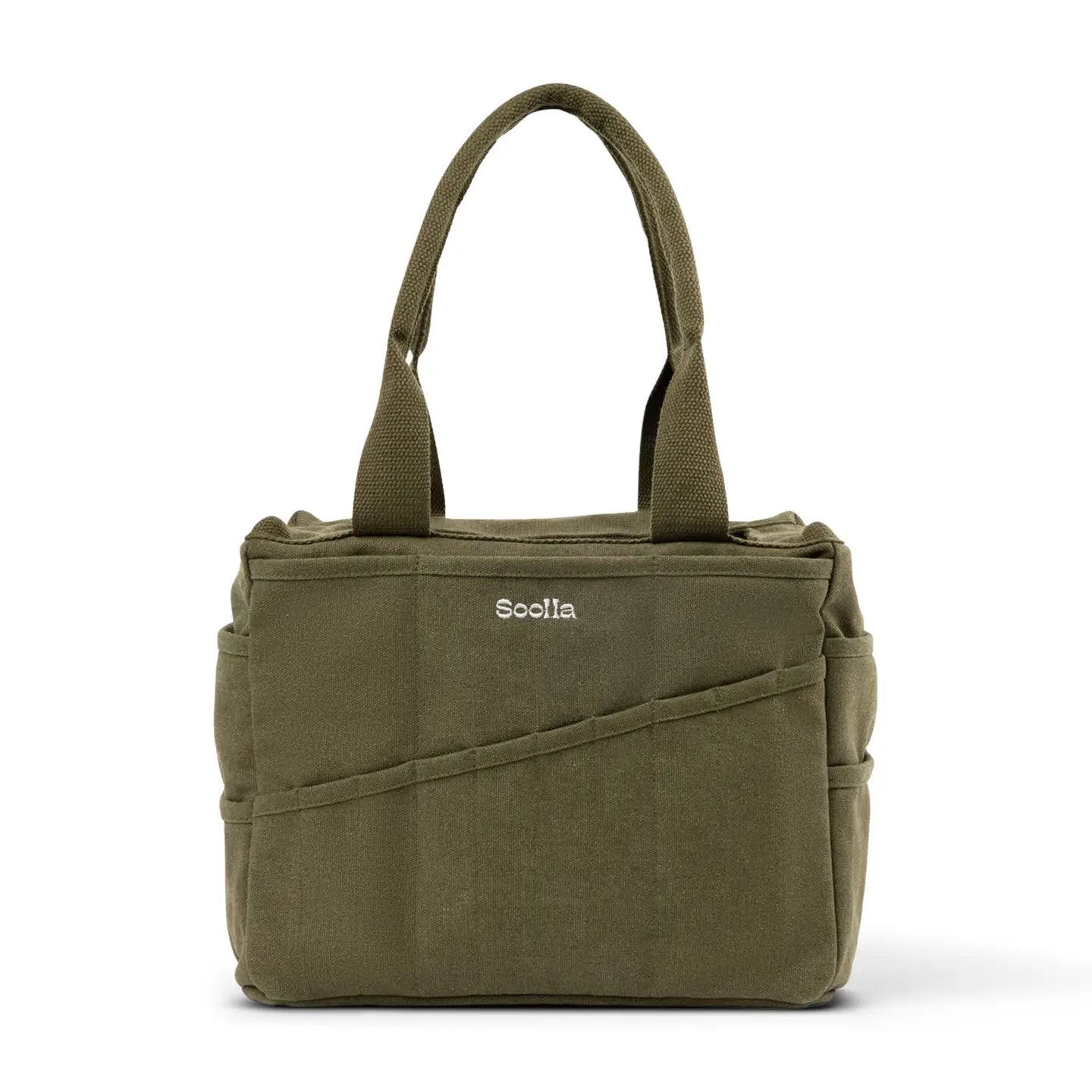 Olive green canvas tote bag, short handles, "Soolla" embroidery—stylish eco-friendly handbag for daily essentials.