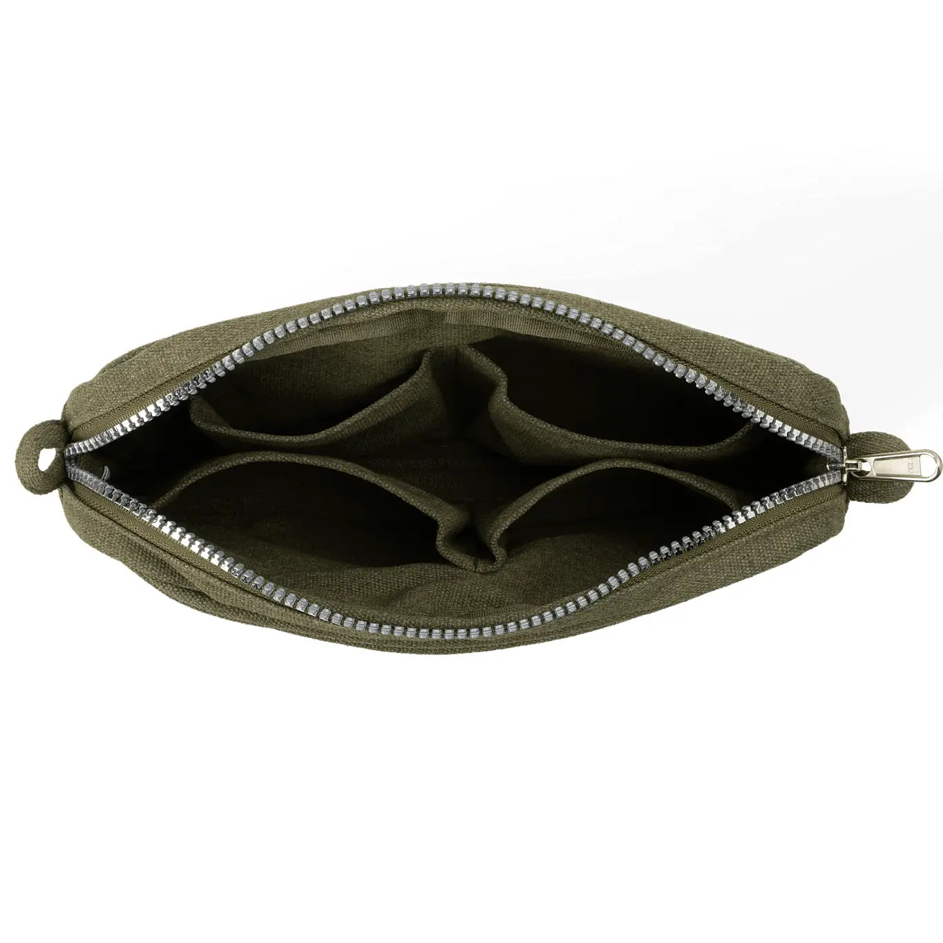 Soolla® Studio Artist Stationery Pouch in Deep Forest open, revealing 4 spacious compartments for neatly organized art supplies.