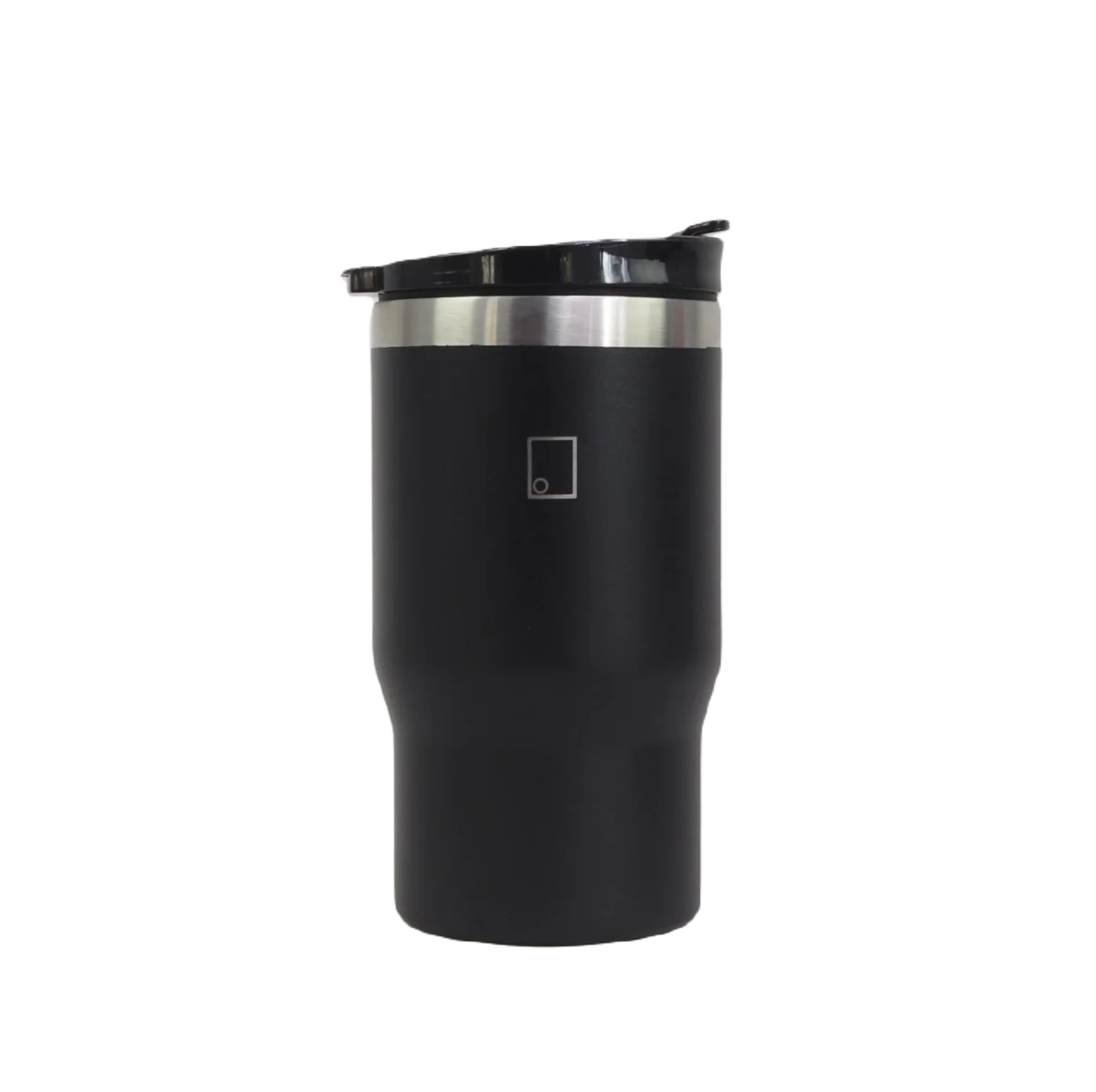 A black Sophos 14oz Vacuum Mug, constructed from stainless steel with double-wall technology for optimal insulation, features a small square logo in the center and a lid, set against a white background.
