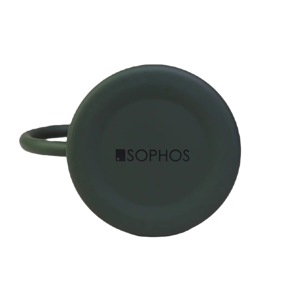 A Sophos 400ml Green Mug featuring a dark green, matte-finish exterior and a stainless steel interior, alongside a small black square near the bottom, set against a plain background.