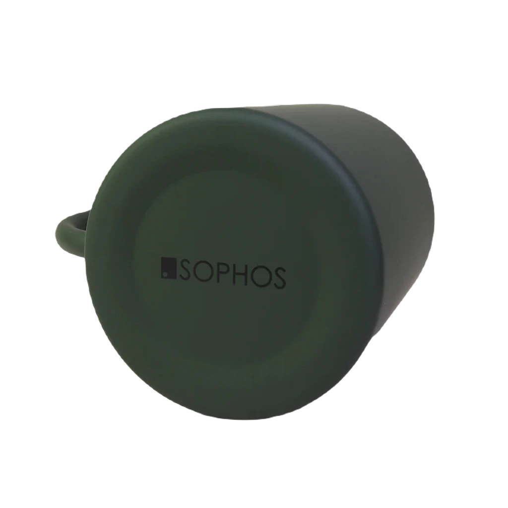 A Sophos 400ml Green Mug featuring a dark green, matte-finish exterior and a stainless steel interior, alongside a small black square near the bottom, set against a plain background.
