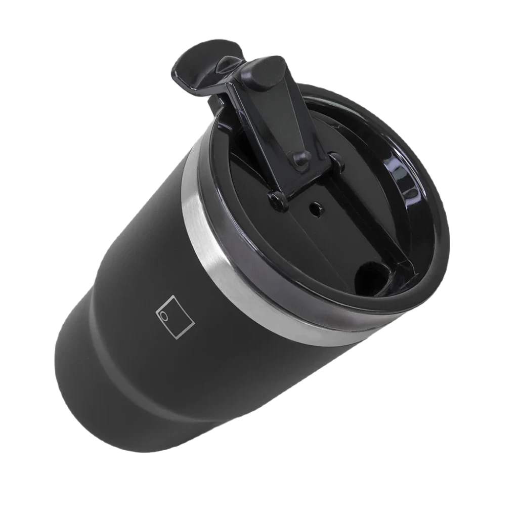 A black Sophos 14oz Vacuum Mug, constructed from stainless steel with double-wall technology for optimal insulation, features a small square logo in the center and a lid, set against a white background.