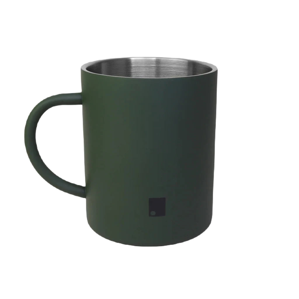 A Sophos 400ml Green Mug featuring a dark green, matte-finish exterior and a stainless steel interior, alongside a small black square near the bottom, set against a plain background.