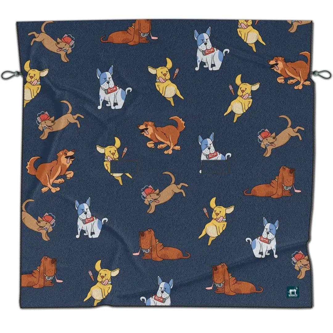 Sprints Hair Of The Dog Party Size Car Seat Cover shows cartoon dogs with red collars and bones on navy blue, stylish pet cover.