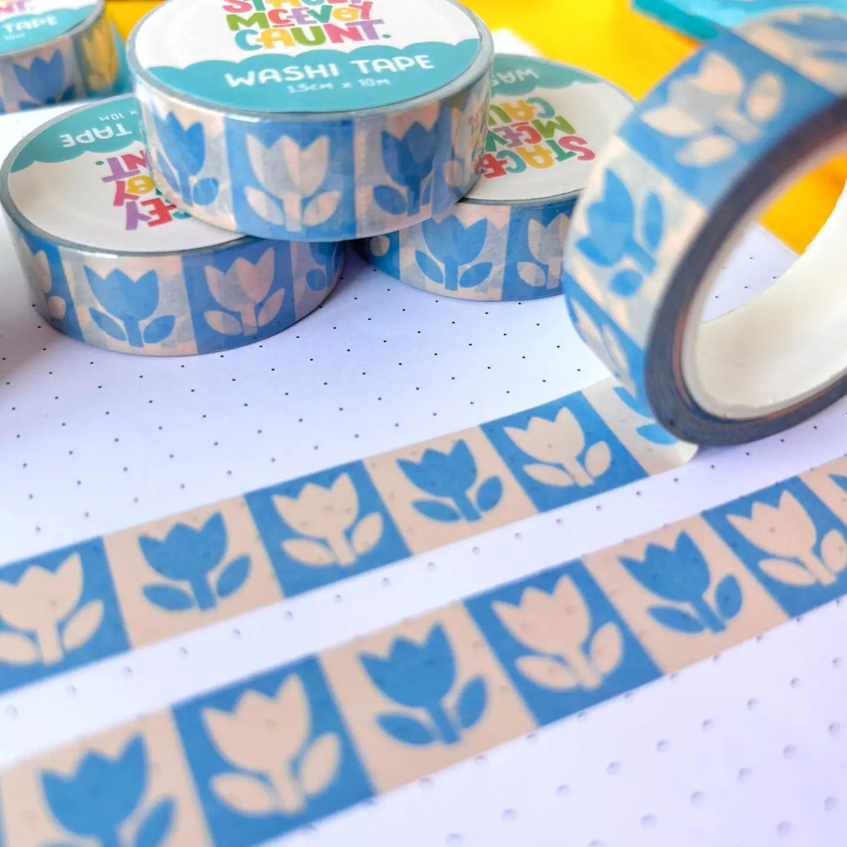 Forager Provisions LTD Stacey McEvoy Caunt washi tape featuring a blue folk tulip pattern on a dotted journal page.