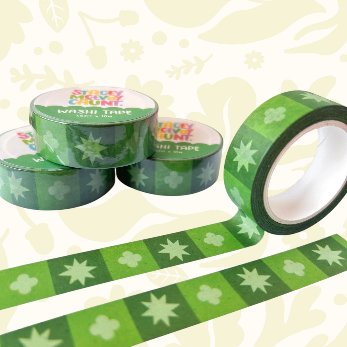 Set of 4 Stacey McEvoy Caunt green medieval washi tapes with stars, clovers, and floral patterns for crafts and scrapbooking.