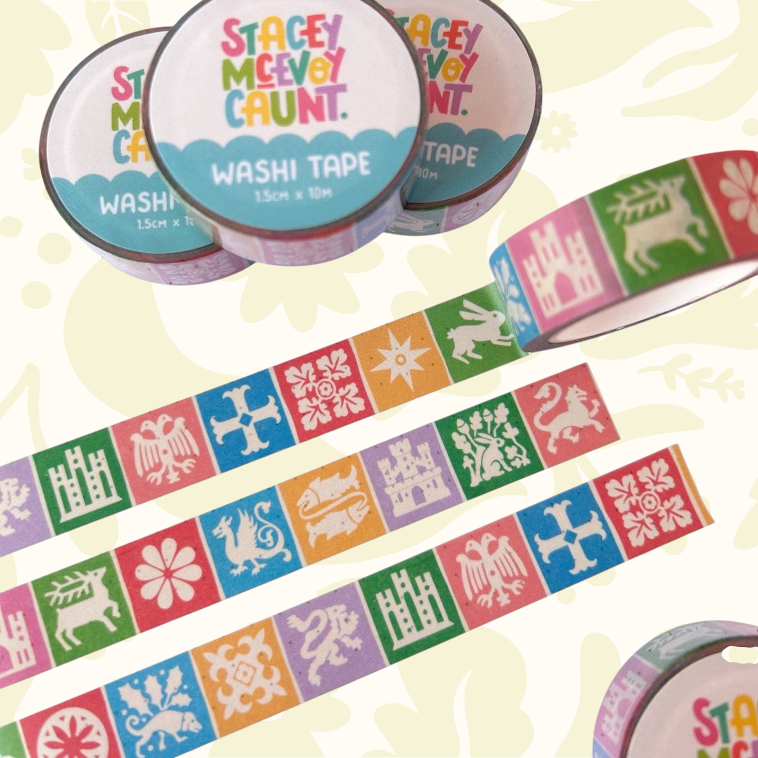 Stacey McEvoy Caunt Medieval Tiles washi tape—3 rolls with floral, crown, animal, and geometric square designs.