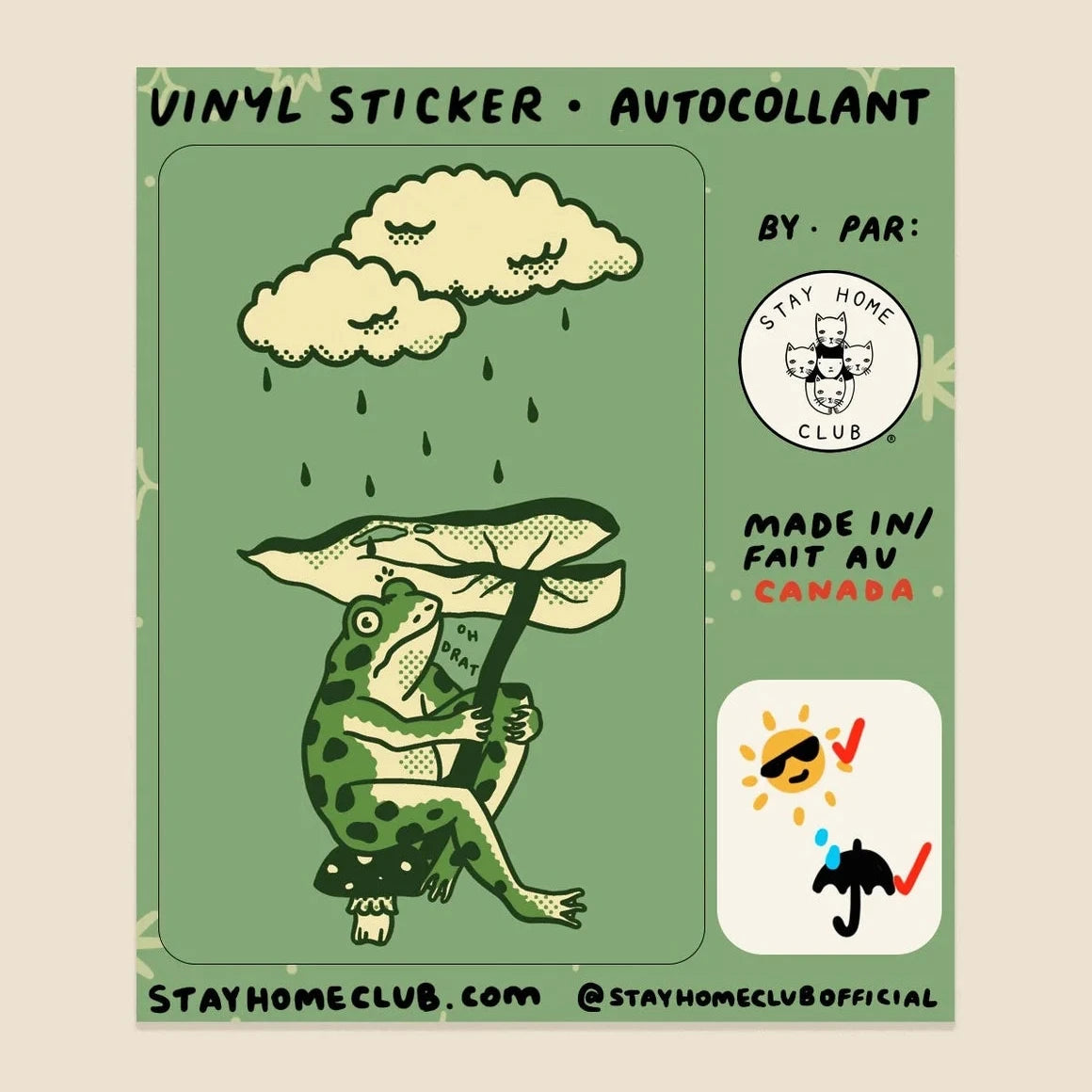 Stay Home Club Leaf Umbrella Sticker: Cute frog with mushroom umbrella under clouds, waterproof vinyl for laptops and water bottles.