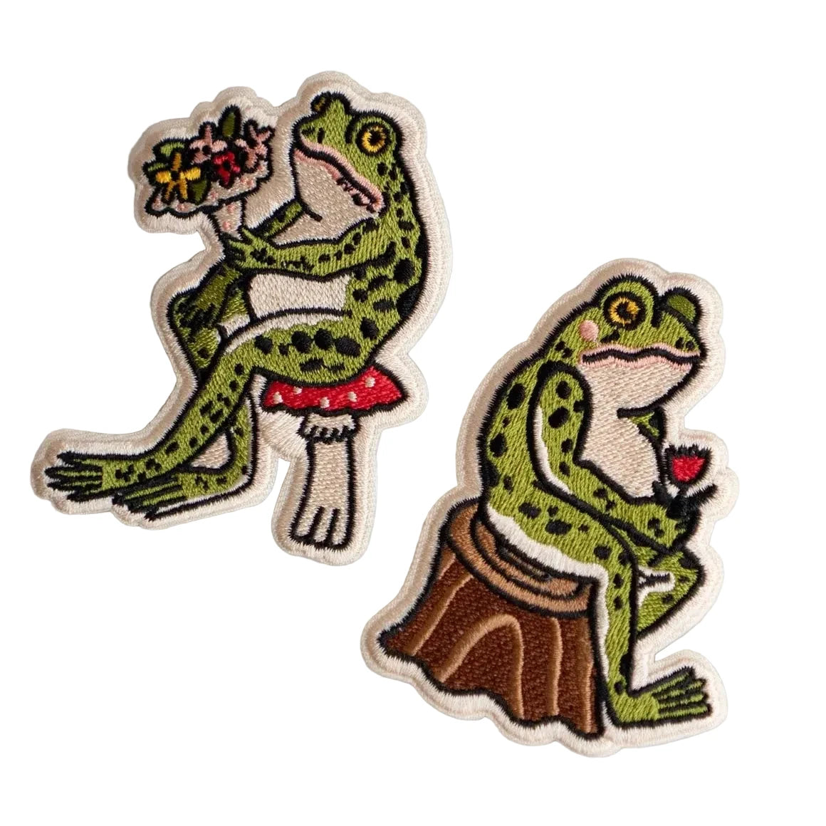 Forager Provisions LTD Stay Home Club embroidered frog patches featuring whimsical frog illustrations on mushroom and stump