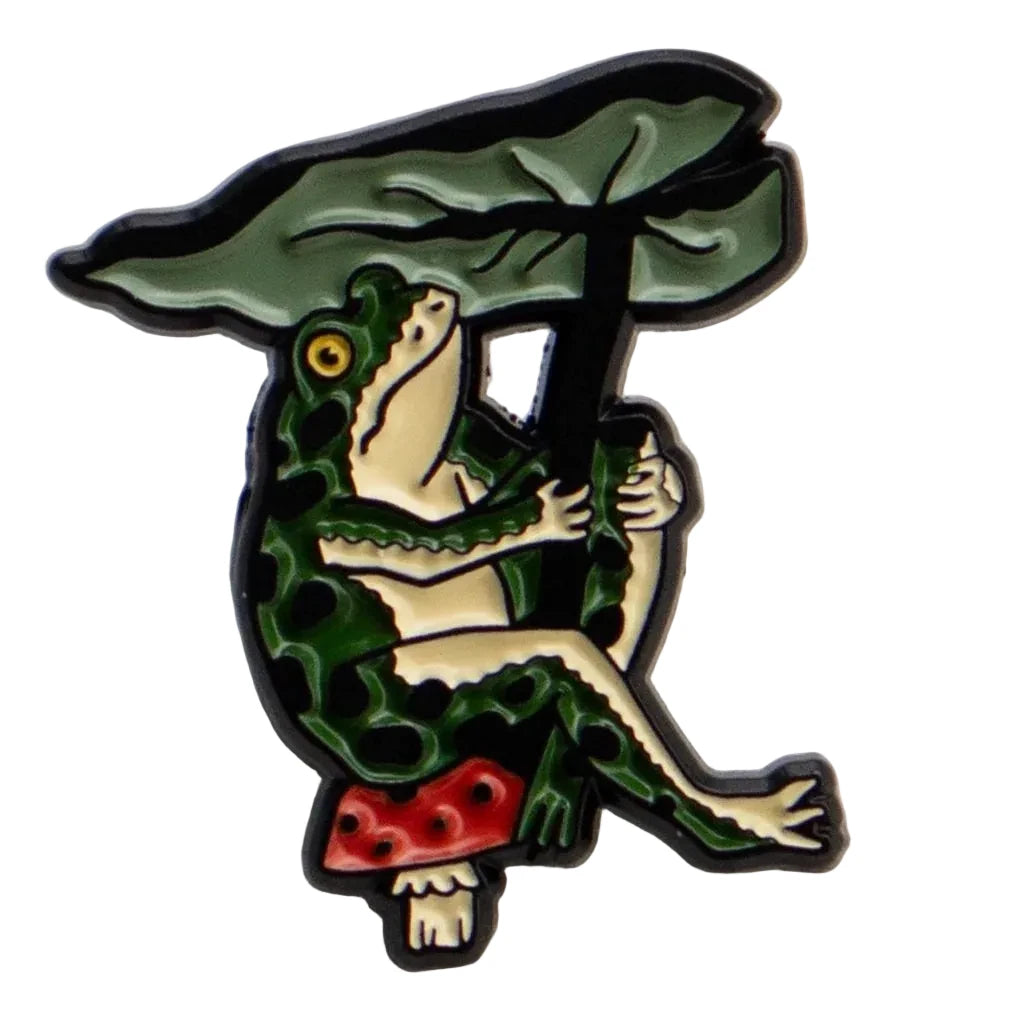 Stay Home Club Frog Leaf Umbrella Pin: adorable frog with green leaf umbrella sits on red mushroom enamel pin—unique cute accessory.