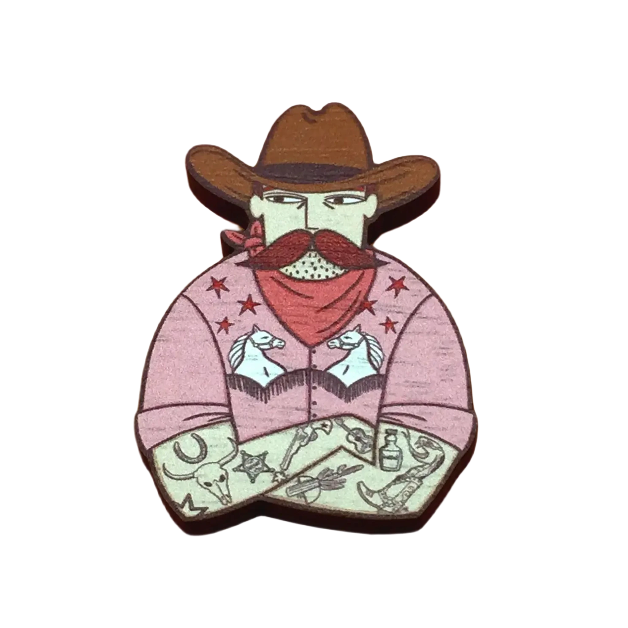 Illustration of the Su Owen Cowboy Pin Brooch featuring a tattooed cowboy with a hat, mustache, bandana, and fashionable fringed shirt on an orange background.