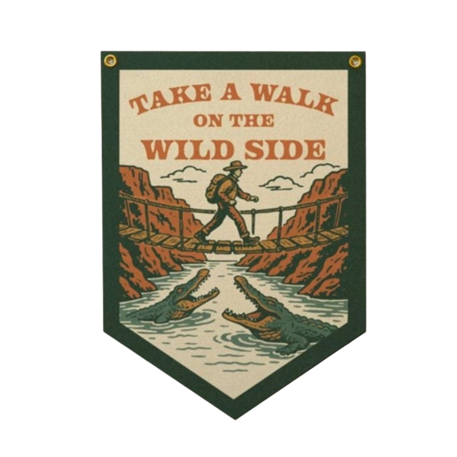 Cross a daring rope bridge above crocodiles—Benoit’s “Take A Walk On The Wild Side” felt pennant adventure decor.
