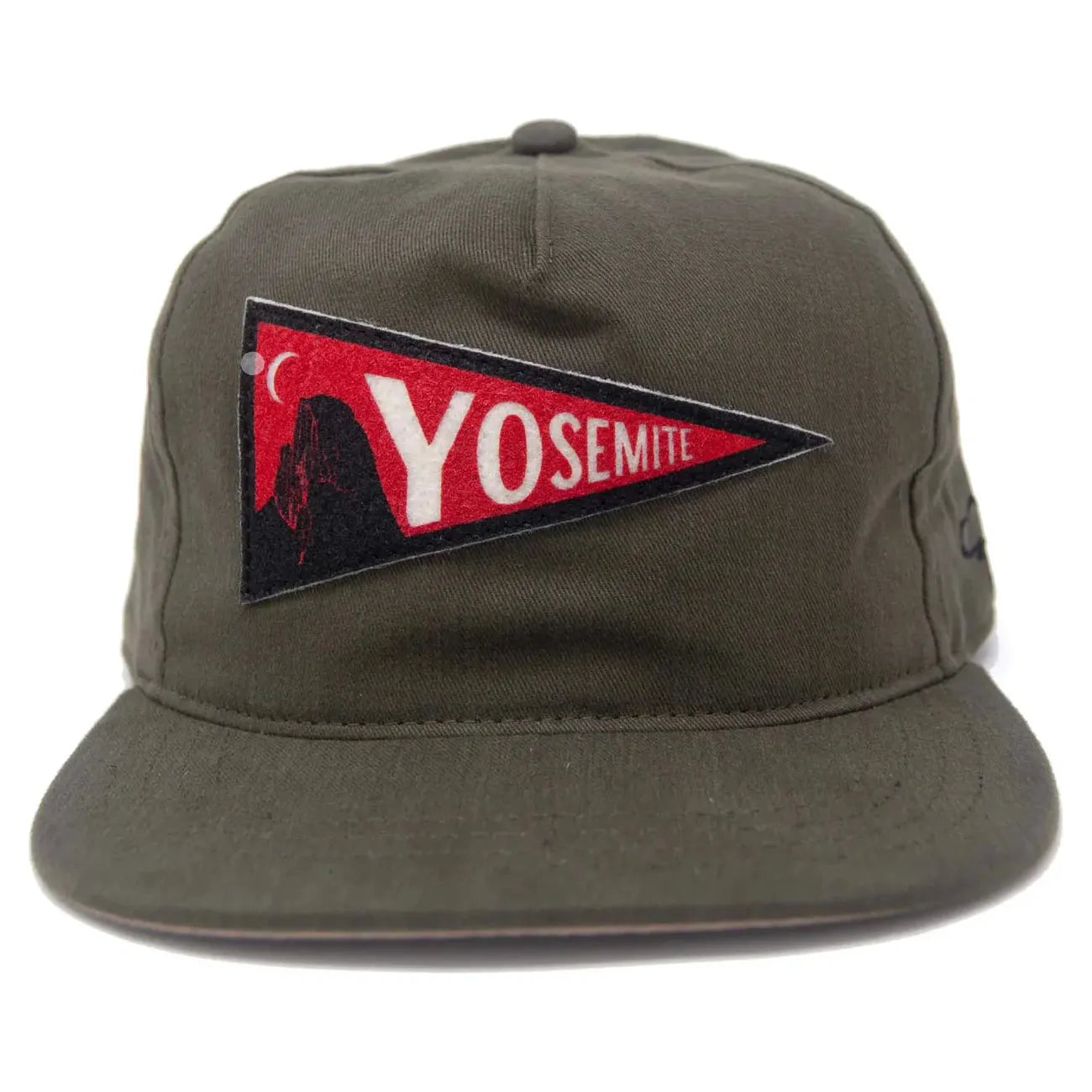 Front view of The Ampal Creative Made In USA Yosemite Pennant Cap, an olive green, vintage-style hat boasting a red and black embroidered "Yosemite" pennant patch on the front. It is crafted from brushed cotton twill and features a leather strapback for adjustable comfort.