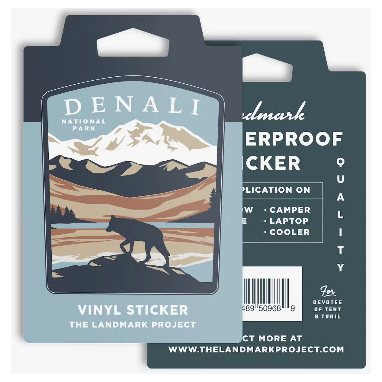 The Landmark Project Denali National Park Sticker showcases original artwork of a bear and mountains graphic labeled "Denali National Park." Designed for weatherproof durability, it includes easy application instructions, making it perfect for park sticker collectors.