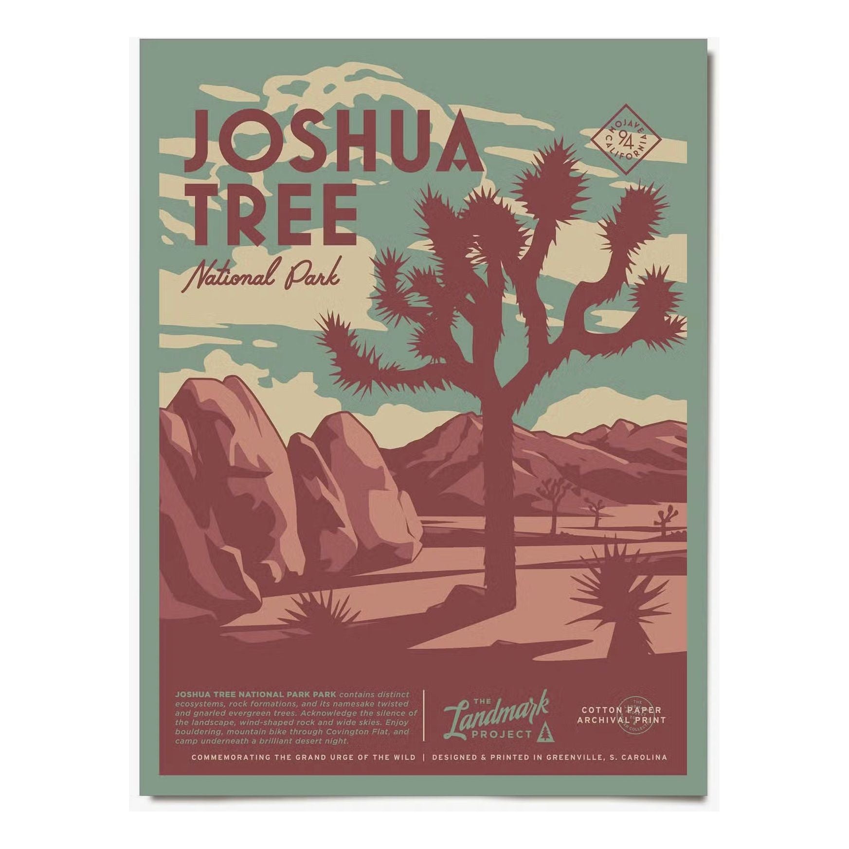 Discover the beauty of Joshua Tree National Park with "The Landmark Project Joshua Tree National Parks Poster 12x16." This illustrated poster features a captivating desert landscape with a majestic Joshua Tree and mountains in the background. Printed on eco-friendly, museum-grade archival paper, it ensures lasting quality and sustainability.