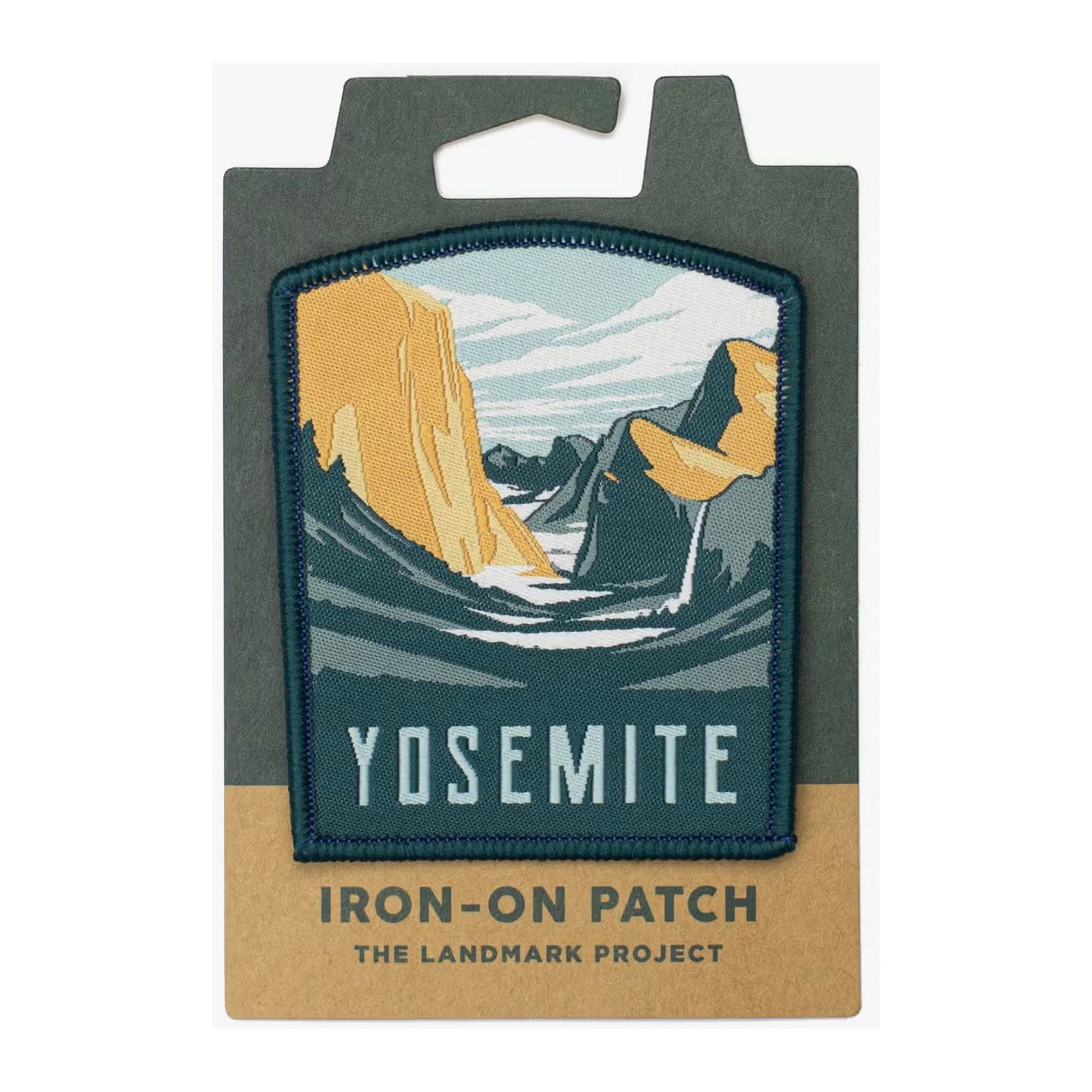 The Landmark Project Yosemite National Parks Patch showcases a scenic view of Yosemite with mountains and a river, making it perfect for outdoor adventures. The text on the patch reads "Yosemite" and it comes in sustainable packaging.