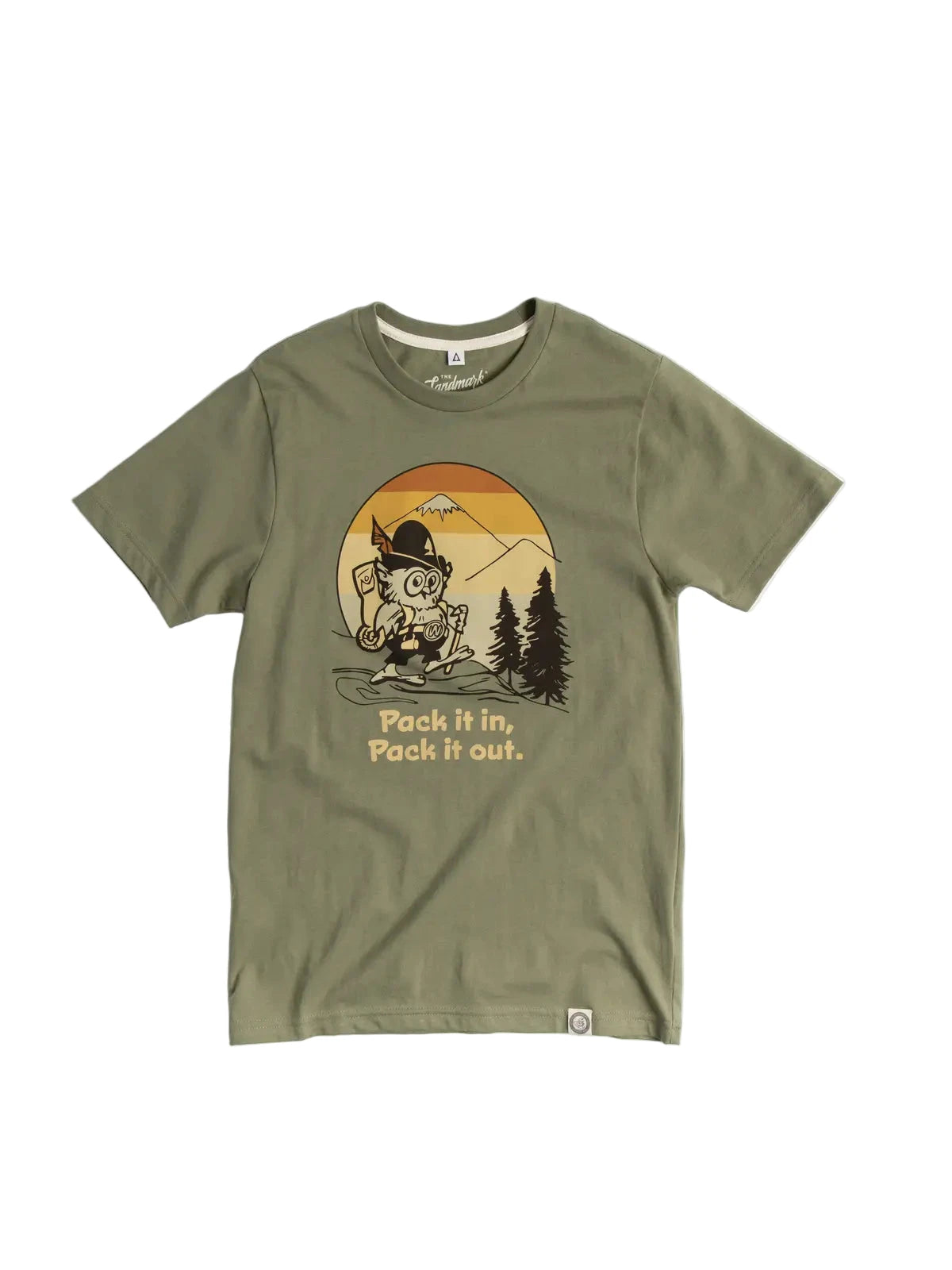 Woodsy Owl “Pack It In Pack It Out” T-Shirt by The Landmark Project—unisex outdoor eco-shirt for hiking and nature lovers.
