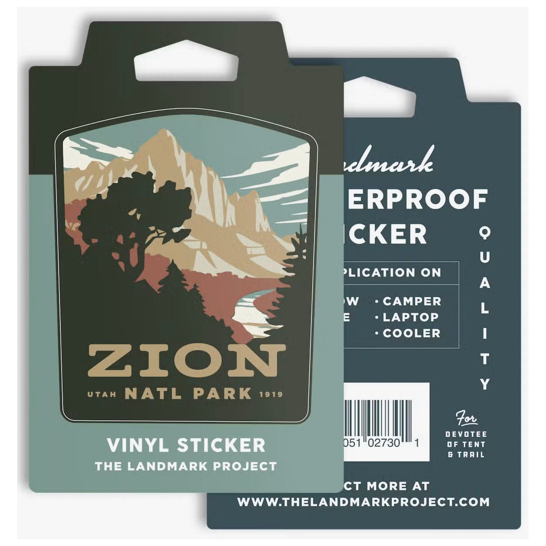The Landmark Project Zion National Park Sticker is a weatherproof vinyl sticker pack showcasing an illustration of mountains and a river, with packaging that lists suggested uses.