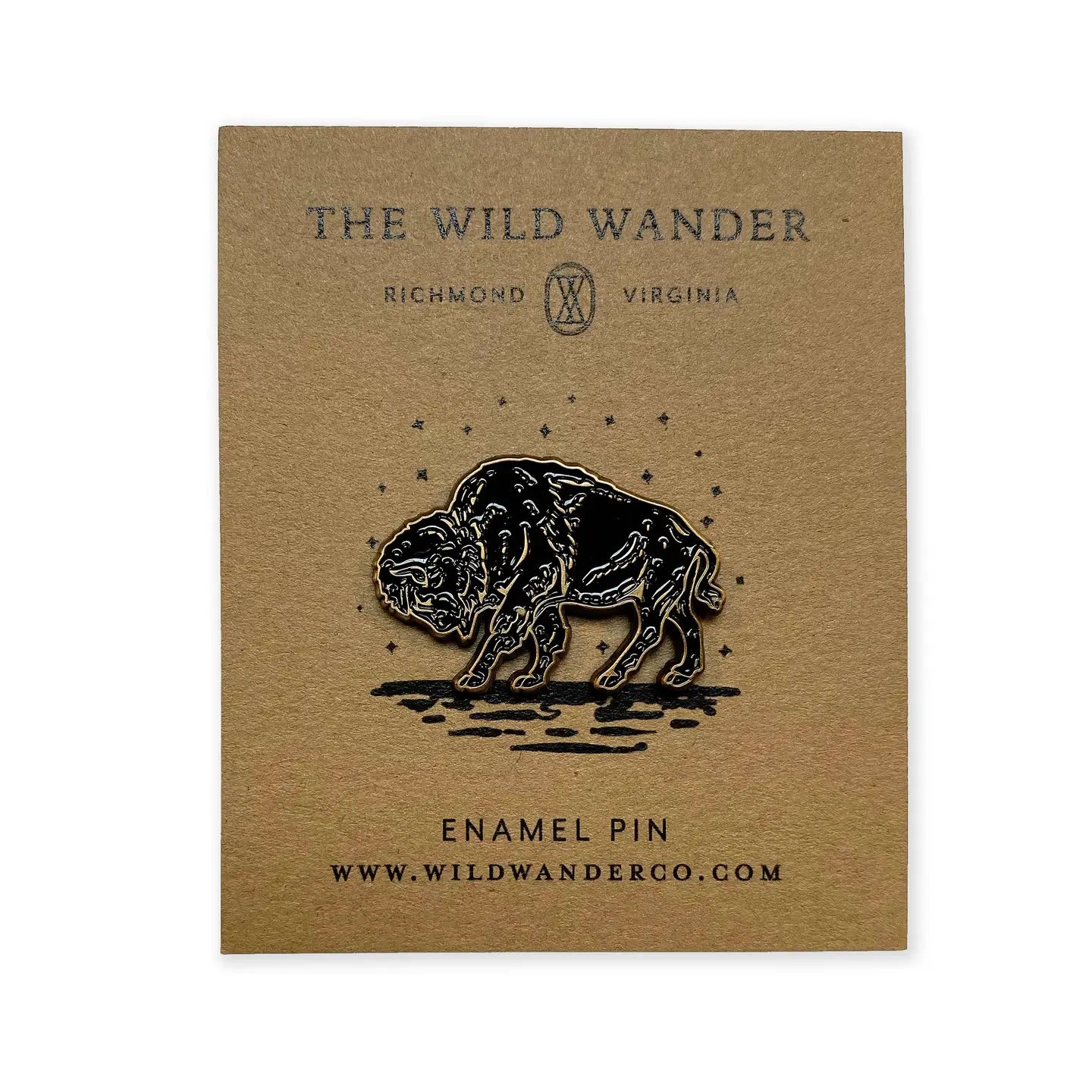 The Wild Wander Bison Enamel Pin on branded card—unique gift for nature lovers, hikers & wildlife fans. Shop at wildwanderco.com.
