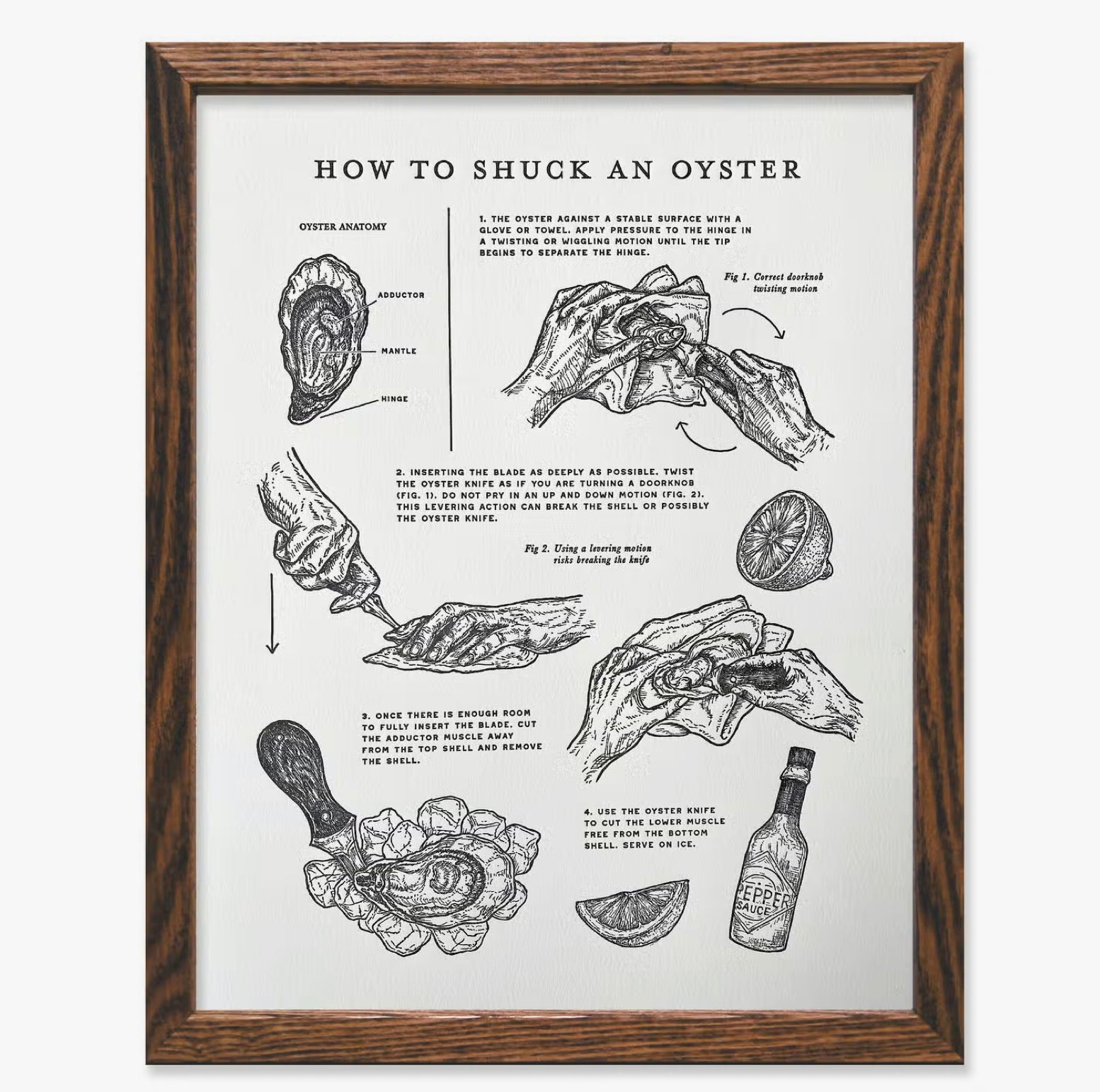 The Wild Wander Oyster Shucking Field Guide Print (11x14) features a framed instructional diagram titled "How to Shuck an Oyster," complete with step-by-step illustrations and text, detailing the necessary tools and techniques. This stylish letterpress chart makes perfect kitchen wall art.