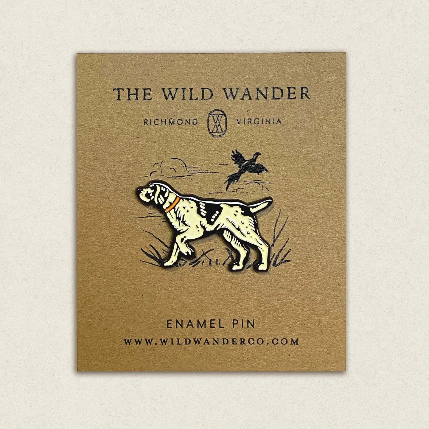 The Wild Wander Pointer Dog Enamel Pin—perfect gift for dog lovers and pin collectors, unique accessory from The Wild Wander.
