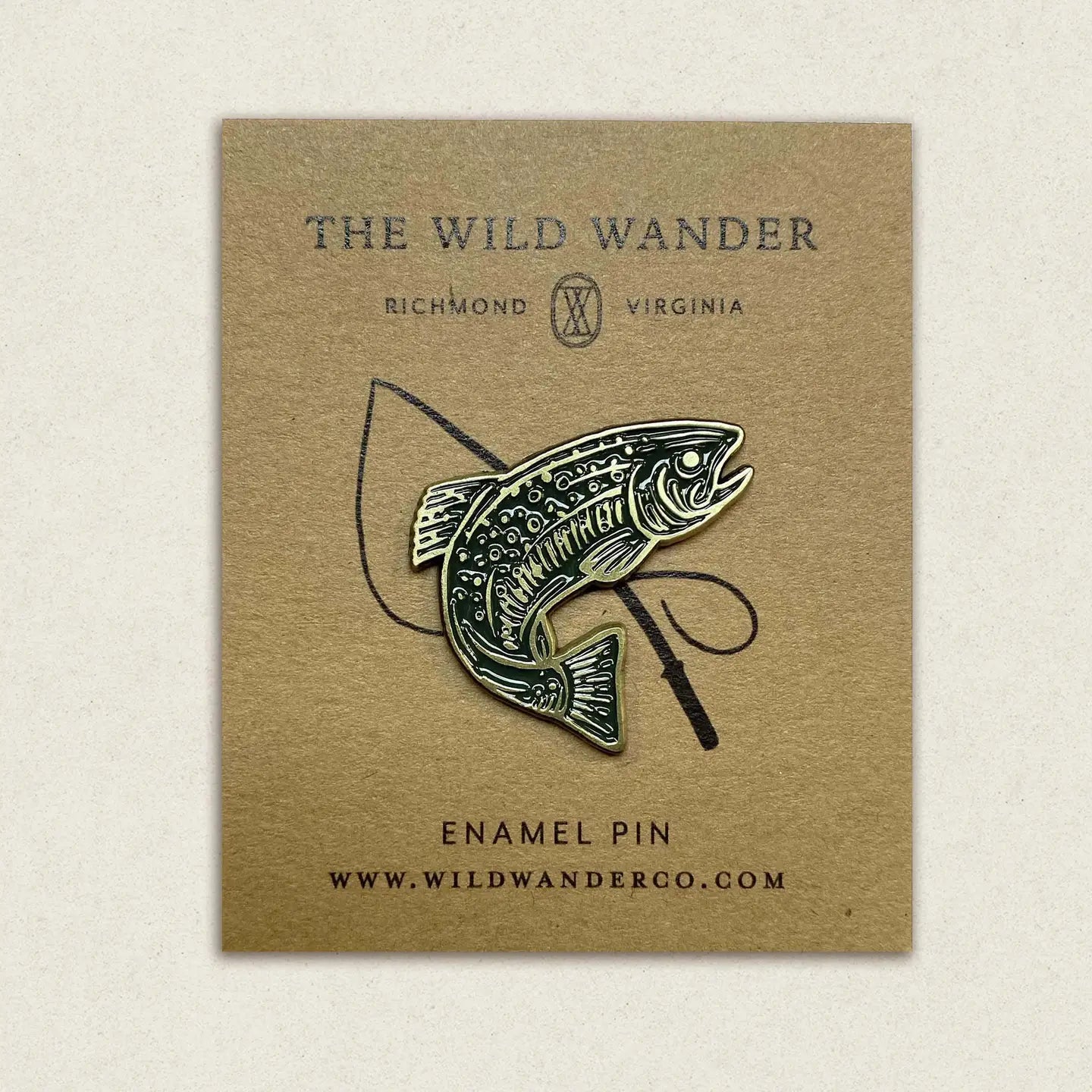 The Wild Wander Trout Enamel Pin on branded Richmond VA card; wildlife art, enamel pin, fishing gift, collectible accessory.