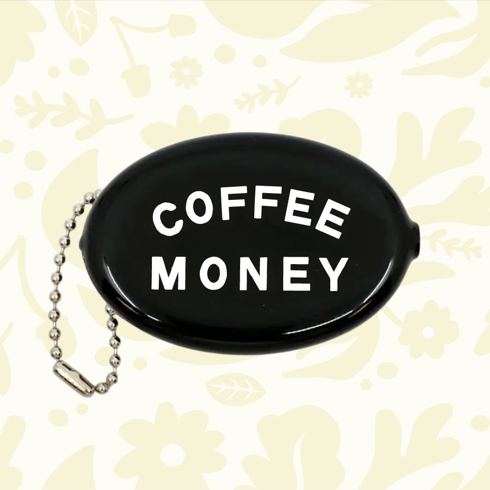 Three Potato Four Coffee Money Coin Pouch, black retro vinyl purse with chain, bold “COFFEE MONEY” text, unique gift idea.