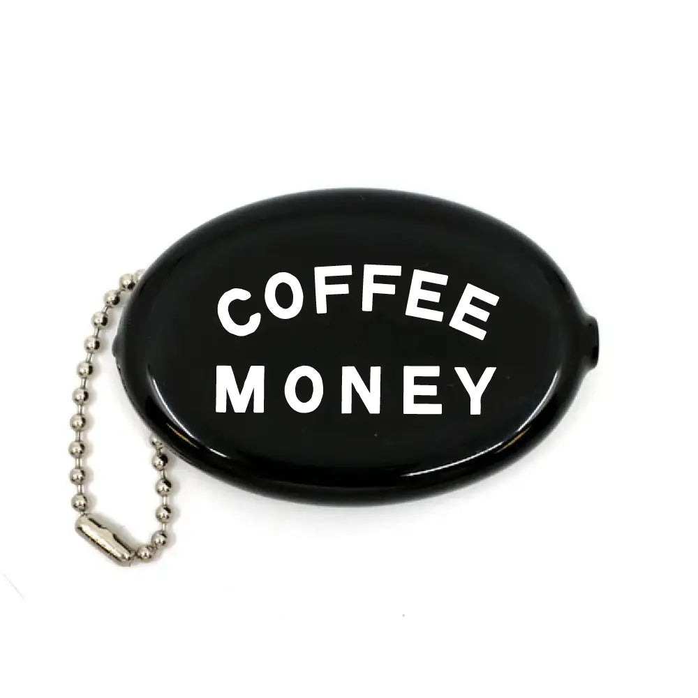 Three Potato Four Coffee Money Coin Pouch, black retro vinyl purse with chain, bold “COFFEE MONEY” text, unique gift idea.