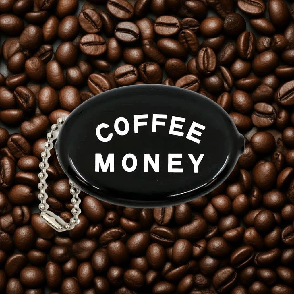 Forager Provisions LTD Three Potato Four black vinyl coin pouch with Coffee Money text on a coffee bean background