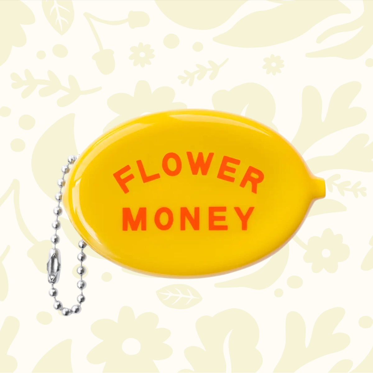 Yellow Three Potato Four Flower Money Coin Pouch with red FLOWER MONEY text, ball chain, cute pouch for coins or accessories.