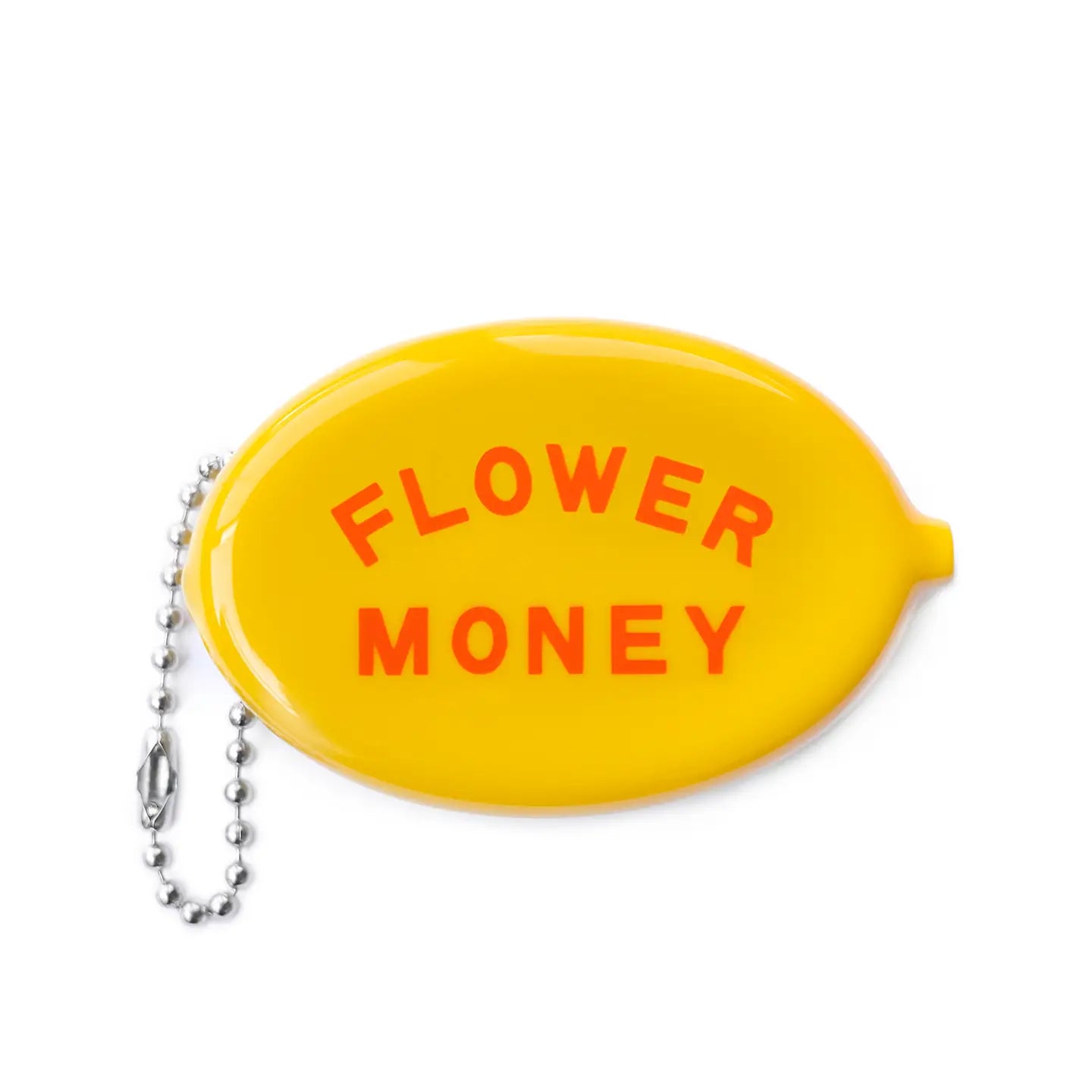 Yellow Three Potato Four Flower Money Coin Pouch with red FLOWER MONEY text, ball chain, cute pouch for coins or accessories.