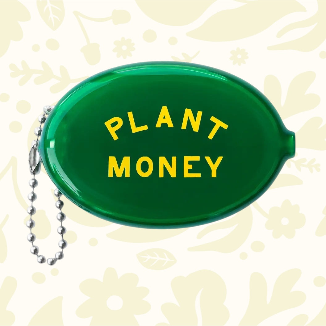 The Three Potato Four Plant Money Coin Pouch features translucent green vinyl, yellow print, and a handy metal chain for keys.