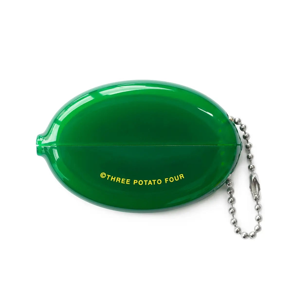 Three Potato Four Plant Money Coin Pouch: translucent green purse with keychain, bold yellow logo, trendy accessory storage.