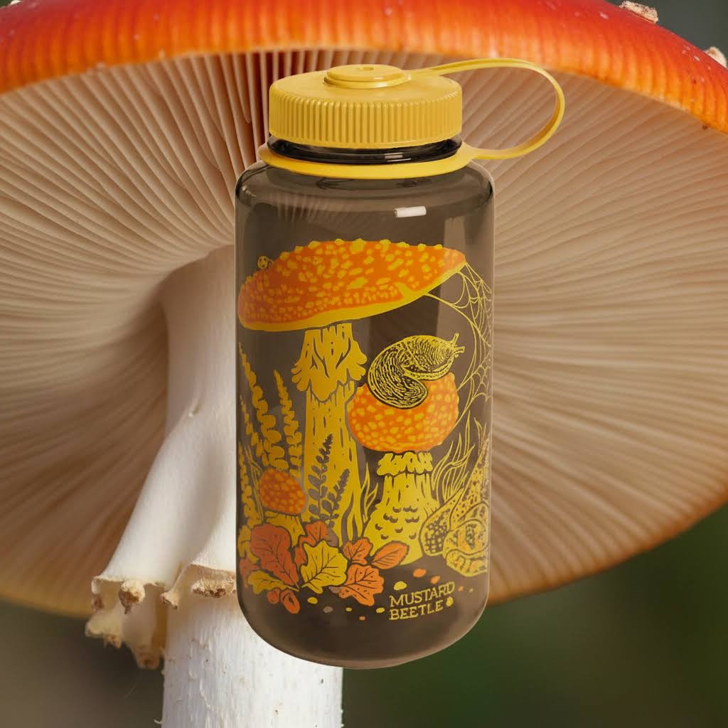 Mustard Beetle 32oz Mushroom & Toad Woodmans Nalgene Water Bottle