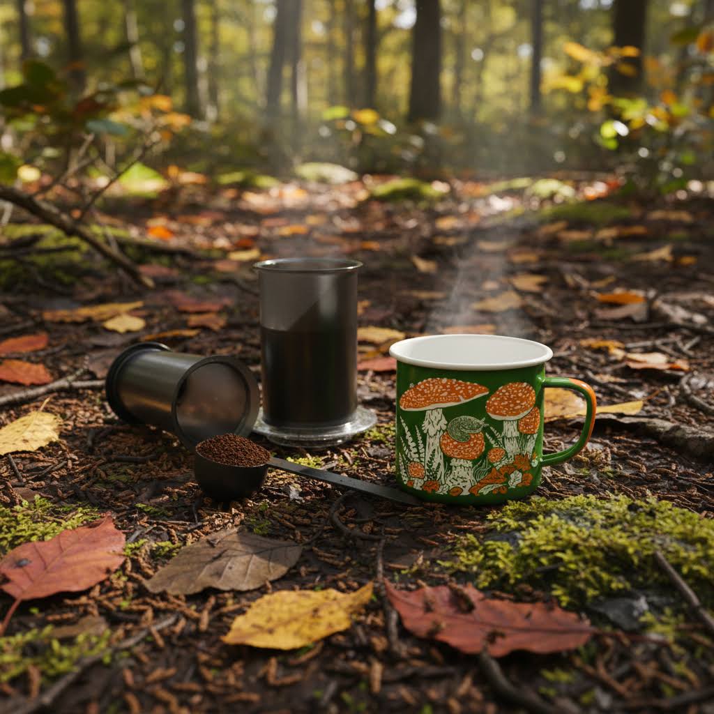 Mustard Beetle Toad & Mushrooms Enamel Camp Mug - Green (1 Unit/11.8z)