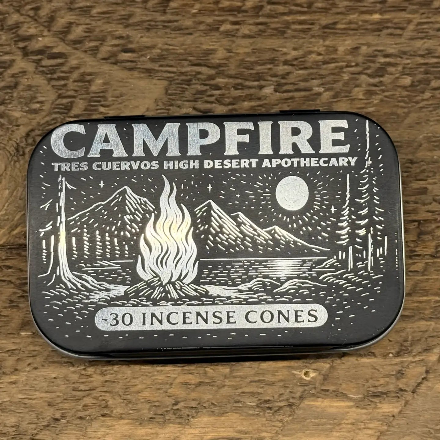 Tres Cuervos High Desert Apothecary Campfire charcoal incense cones, 30-pack, black tin with campfire scent for relaxation.