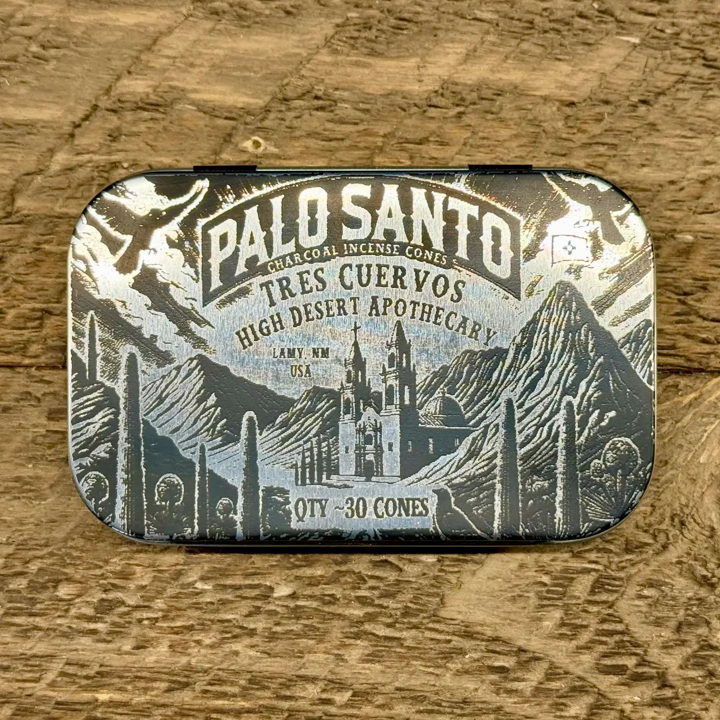 Palo Santo A Tres Cuervos tin holds 30 High Desert Apothecary charcoal incense cones, premium natural aromatherapy blend.