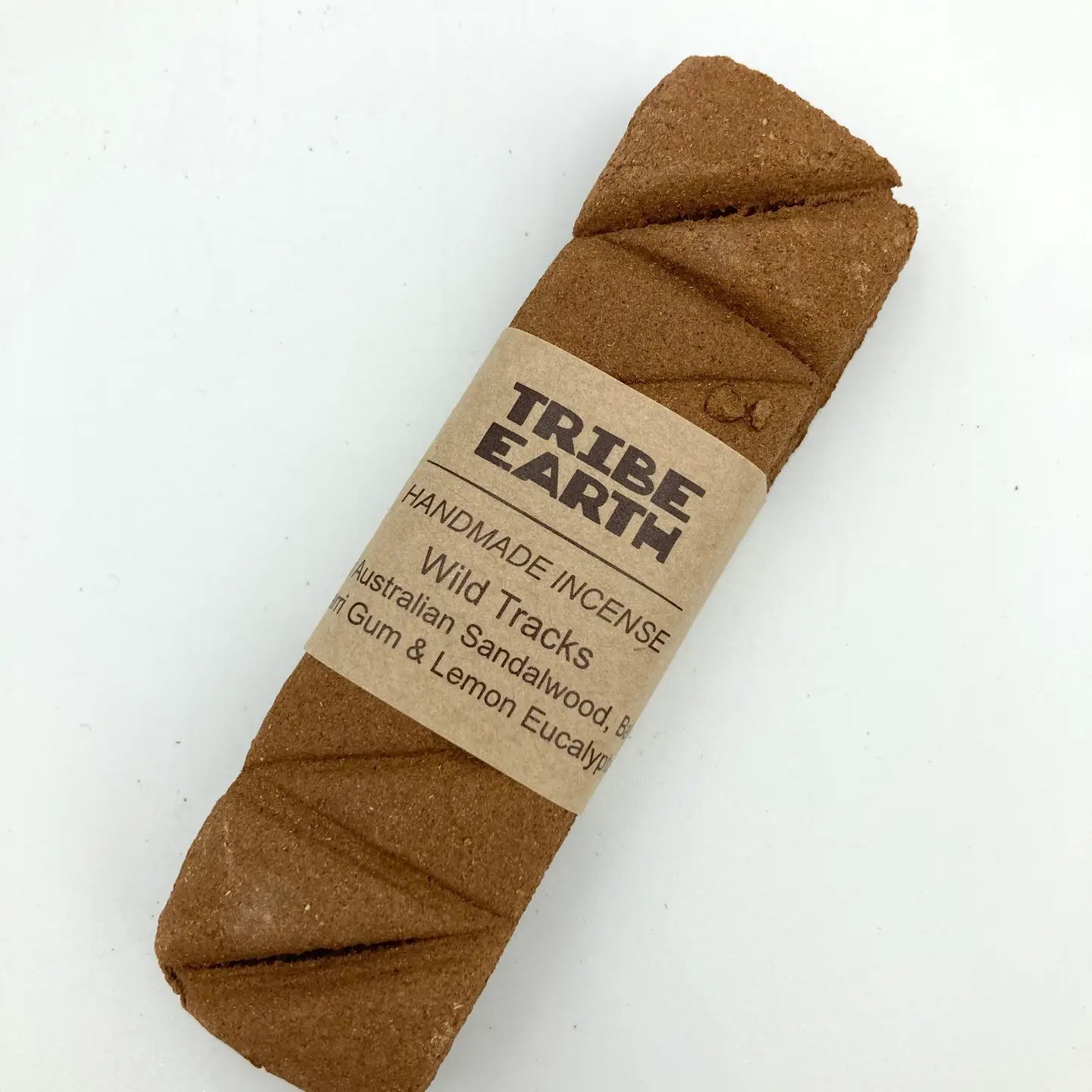 A Tribe Earth Incense Plank Bar Wild Tracks with sandalwood, balga & lemon eucalyptus on white background. Natural aromatherapy.