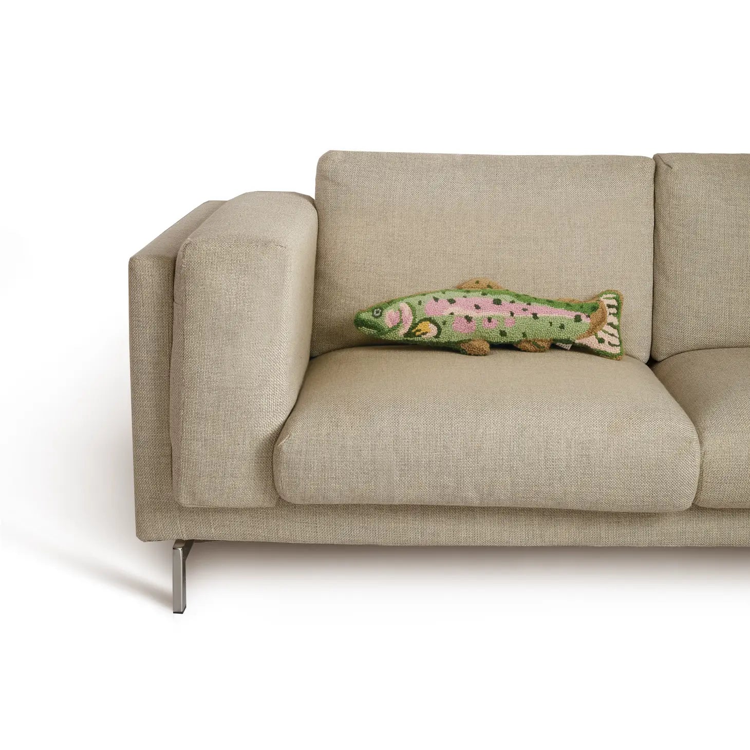 Introducing the Peking Handicraft Rainbow Trout Wool Hook Cushion, a vibrant fish-shaped rug crafted entirely from 100% wool. It features intricate patterns in pink, green, and beige, along with detailed spots and a beautifully designed tail.