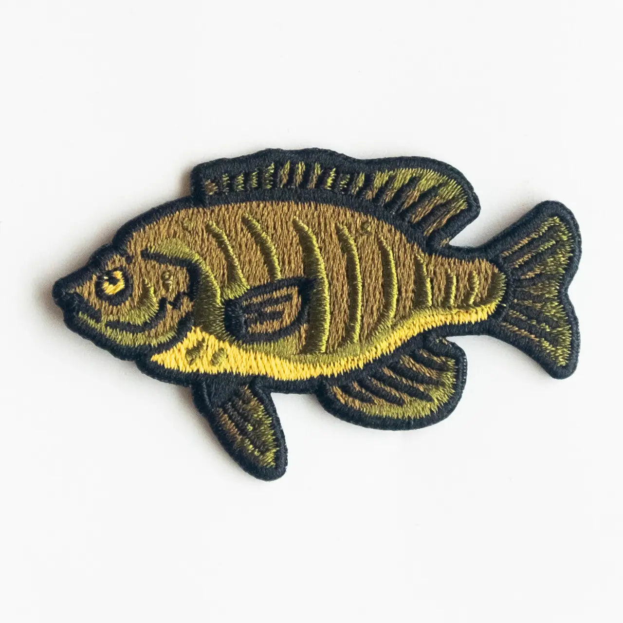Union Made Blue Gill Patch with yellow-green fish embroidery, detailed design on white. Unique fishing accessory collectible.