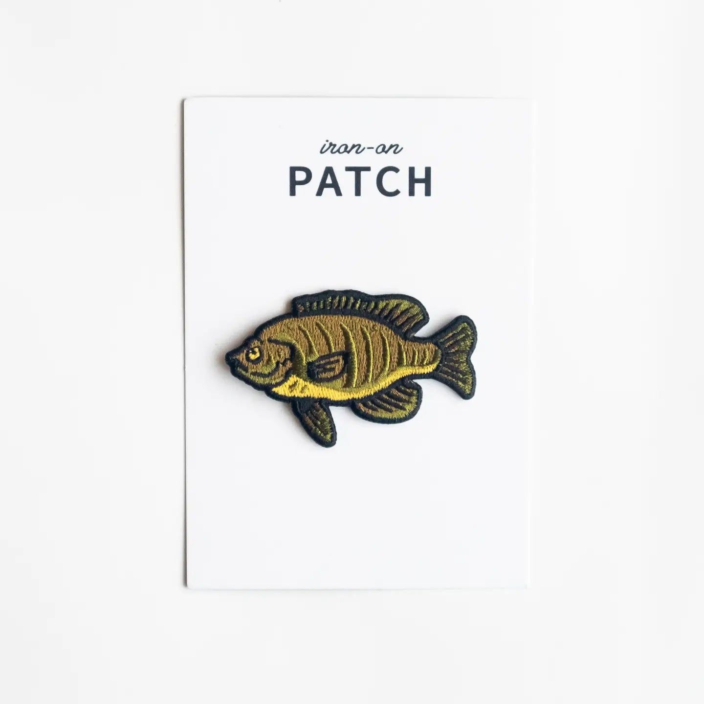 Union Made Blue Gill Embroidered Patch—yellow and black fish design on white iron-on PATCH card, perfect for DIY apparel upgrades.
